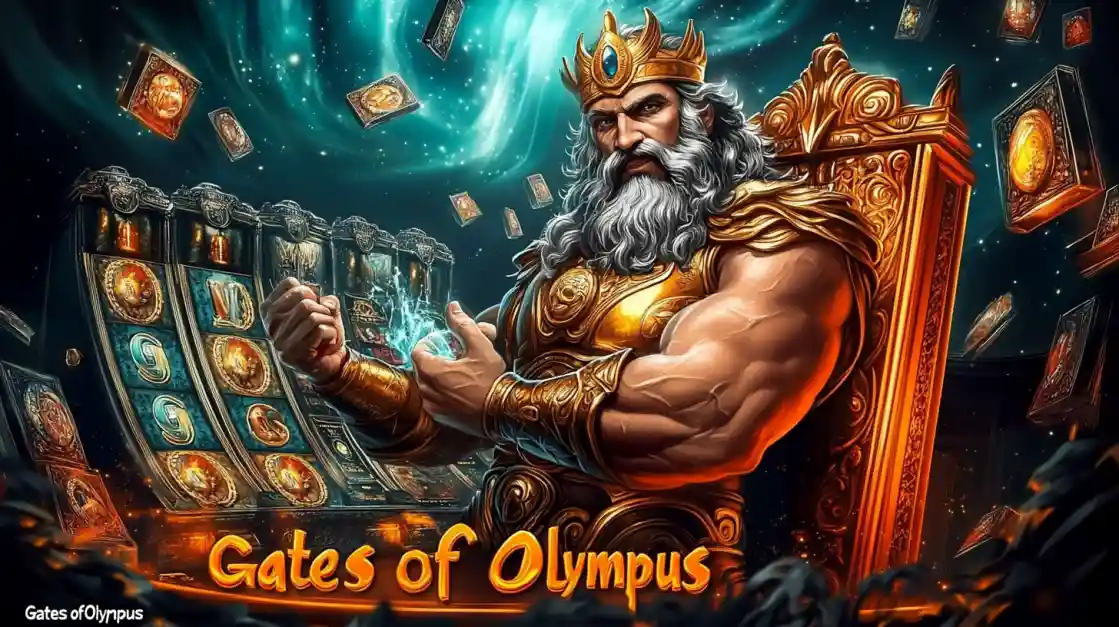 A majestic Zeus figure on a golden throne, surrounded by floating cards and a EK222 slot machine, with Gates of Olympus prominently displayed, inviting players to a mythical gaming experience.