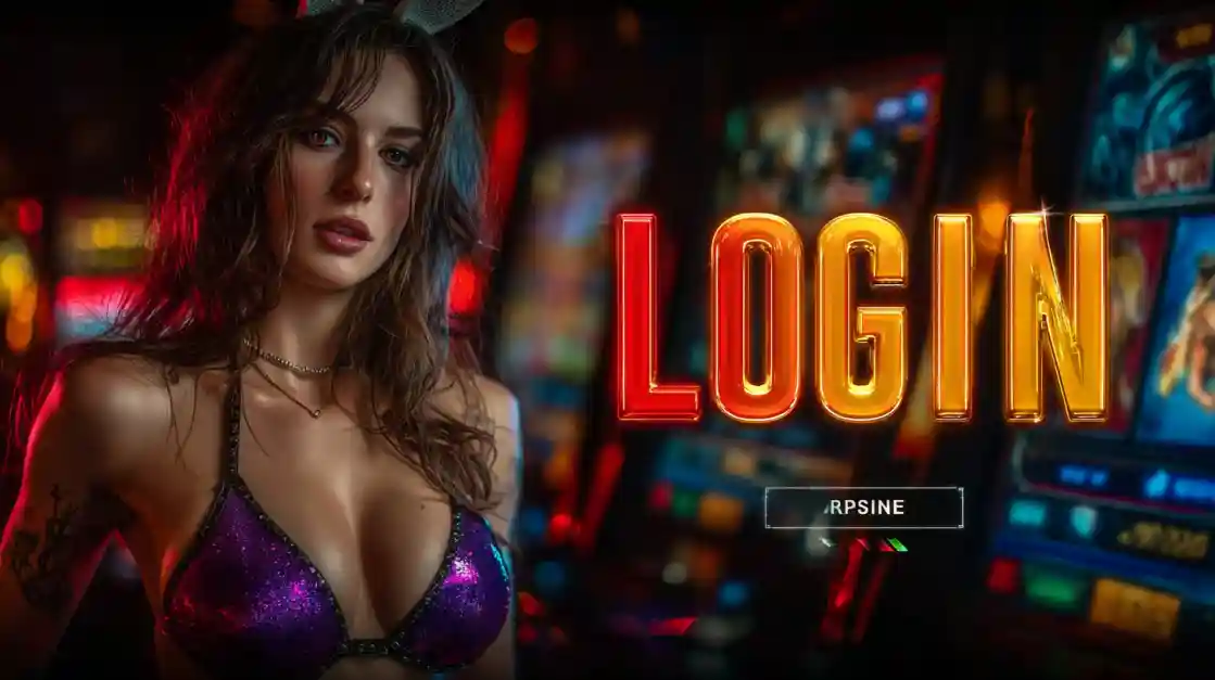 A captivating woman stands beside a LOGIN interface, with EK222 slot machines softly blurred in the background, inviting users to enter the world of EK222.