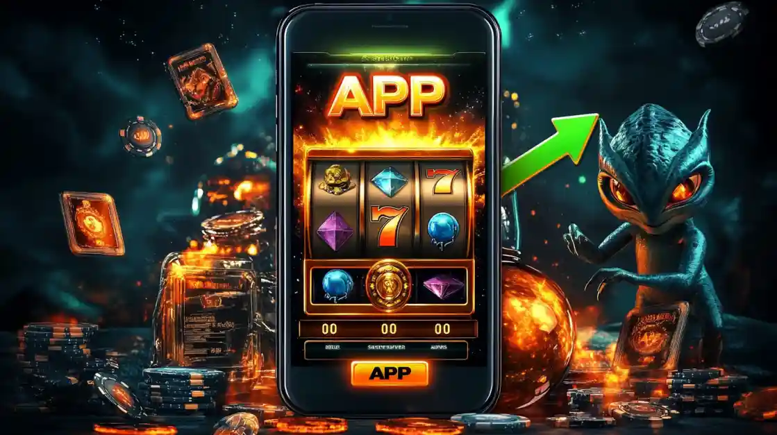 A slot-style game shown inside the EK222 mobile app, highlighting a fun gaming experience.