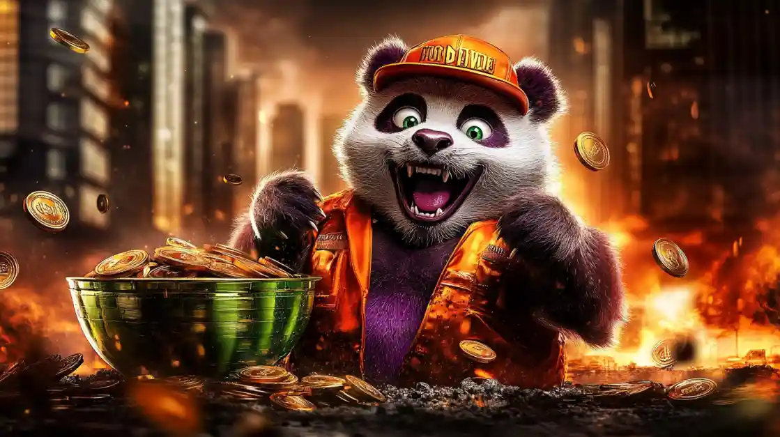 A cheerful panda character surrounded by golden coins, symbolizing wealth and good fortune with EK222.