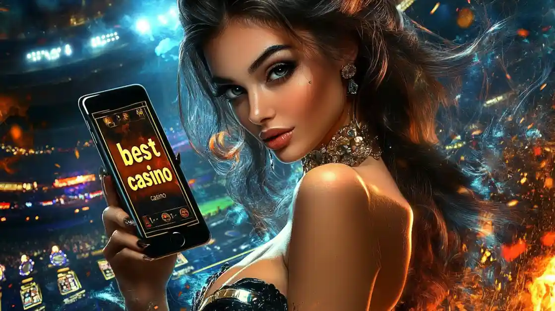 A woman holding a phone showcasing the EK222 casino app in a vibrant stadium-like setting.