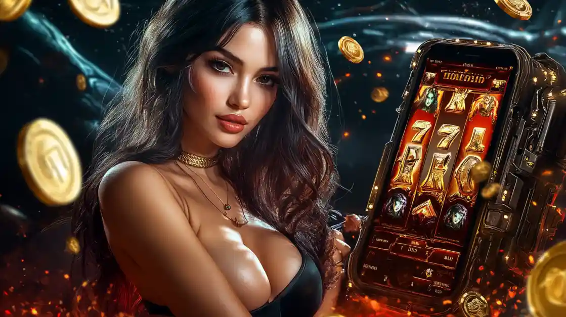 A confident woman holds a smartphone displaying a EK222 mobile slot game with 777 symbols and golden coins.
